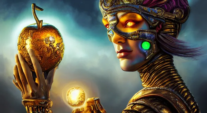 Prompt: trojan horse battlefield, closeup portrait of eris discordia, holding an glowing reflective gold!!! metal apple, goddess of chaos, fantasy character portrait, ultra realistic, wide angle, intricate details, artifacts, luminous skies, michael cheval, peter mohrbacher, boris vallejo, jessica rossier, oil painting, highly detailed, cinematic lighting, unreal