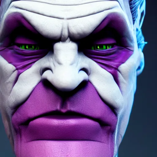 Image similar to thanos cosplaying as joker, octane render, unreal engine 5, high quality, highly detailed, close up photo, 8 k