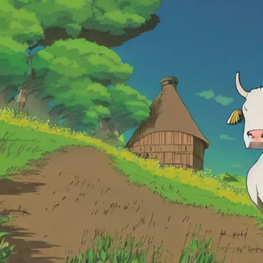 Image similar to A cow in the style of studio ghibli, still