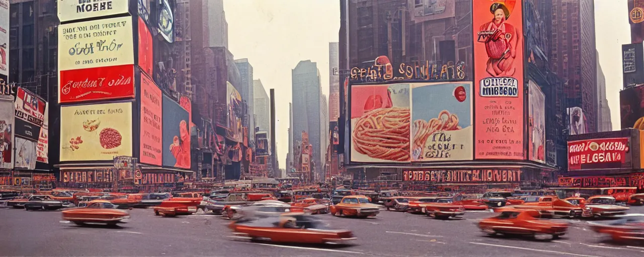 Image similar to advertisements of spaghetti in time square, 1 9 7 0's, fine detail, kodachrome