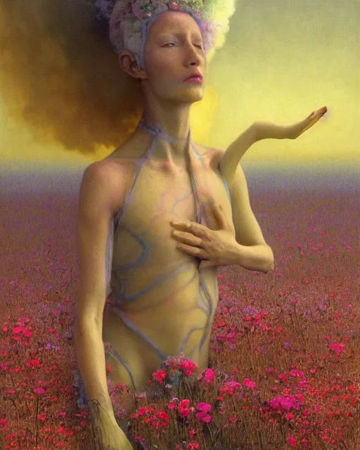 Image similar to A portrait of a woman wearing clothes made out of dying flowers, nuclear explosion in the background, Masterpiece, rainbow colored skin, glowing, wires everywhere, by Edgar Maxence and Ross Tran, Zdzisław Beksiński, and Michael Whelan, distant, gustav dore, H.R. Giger, 8k, octane render