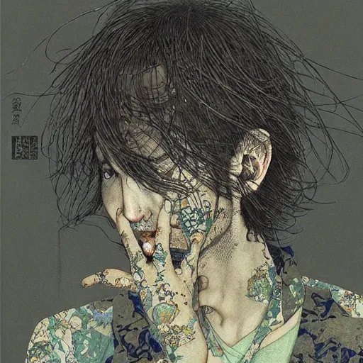 Prompt: a simple concept art portrait of a man in anguish, an award winning yoshitaka amano digital art, by, james gurney and gerhard richter. art by takato yamamoto. masterpiece, deep colours.