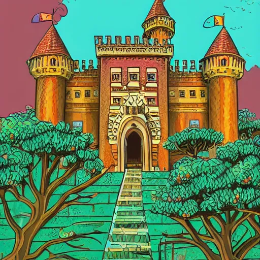 Image similar to intricate illustration, african style castle, ghibli colorful, cinematic composition