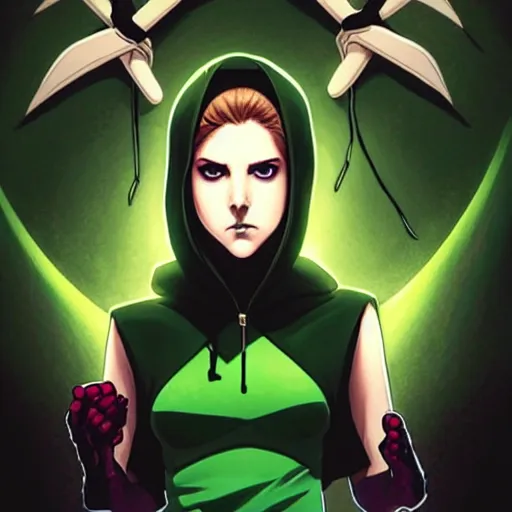 Image similar to Phil Noto comic art, artgerm, eiichiro oda, cinematics lighting, beautiful Anna Kendrick supervillain Enchantress, green dress with a black hood, angry, symmetrical face, Symmetrical eyes, full body, flying in the air over city, night time, red mood in background