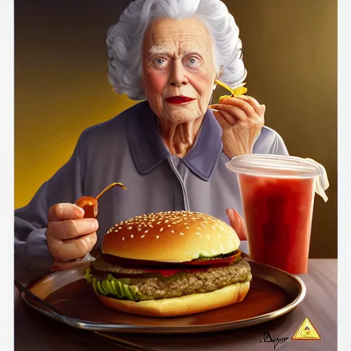 Image similar to portrait of Barbara Bush eating hamburgers, extra onions and ketchup, luscious patty with sesame seeds, feminine ethereal, handsome, D&D, fantasy, intricate, elegant, highly detailed, digital painting, artstation, concept art, matte, sharp focus, illustration, art by Artgerm and Greg Rutkowski and Alphonse Mucha