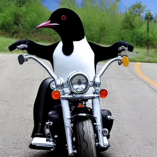 Image similar to pinguin on a Harley Davidson on the road, funny picture