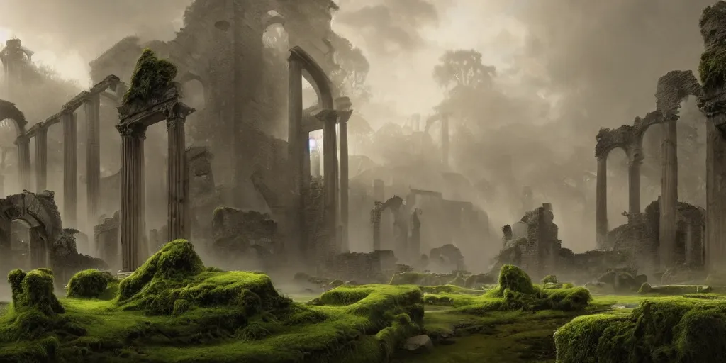 Image similar to a beautiful hyper realistic detailed matte painting of ruins of ancient ruins, lost arc, overgrown by moss, dramatic lighing,underexposed, overcast, fog, by Quentin Mabille and Moebius and Andreas Rocha and Raphael Lacoste, unreal engine, trending on artstation