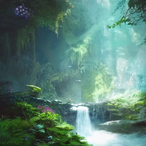 Image similar to an hidden waterfall, beautiful, atmosphere, vibe, mist, foam, puddles, fern, flowers, concept art illustration, color page, tone mapping, akihiko yoshida, james jean, andrei riabovitchev, marc simonetti, digital illustration, greg rutowski, volumetric lighting, sunbeams, particles