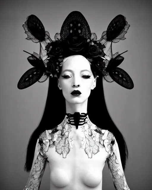 Prompt: dreamy surreal poetic black and white 3D render of a beautiful young porcelain female-creature-cyborg-vegetal with a very long neck and a super big gothic lace collar filled with dead flies and a very high big floral crown with many black dry roses:: smoke, high fashion, haute couture, rococo, avant-garde, elegant, dreamy, hyper realistic, 150 mm lens, avatar Second Life, Anouk A., soft rim light, octane render, unreal engine, volumetric lighting, dramatic light,8k,