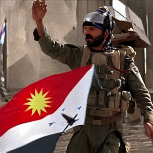 Image similar to kurdish astronaut holding a kurdistan flag in a movie directed by christopher nolan, movie still frame, promotional image, imax 7 0 mm footage