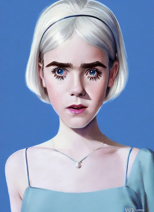 Image similar to portrait of kiernan shipka with freckles, white hair, big 1 9 6 0 s bob hairstyle with bangs and hairband, blue 1 9 6 0 s dress, intricate, elegant, glowing lights, highly detailed, digital painting, artstation, concept art, smooth, sharp focus, illustration, art by wlop, mars ravelo and greg rutkowski