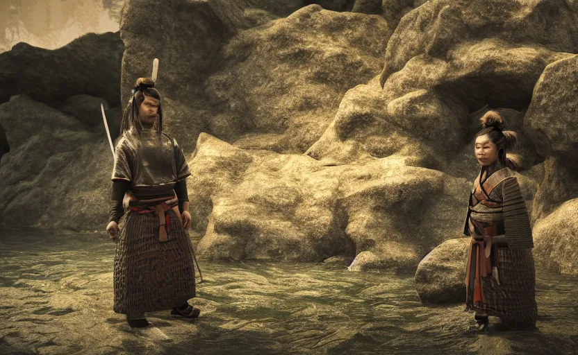 Prompt: highly detailed 3 d render of native japanese woman shinobi warrior standing in wet japanese village from sengoku period, surrounded by dense rock formations, high in mountains, blue night, cinematic lighting, raytracing, high contrast