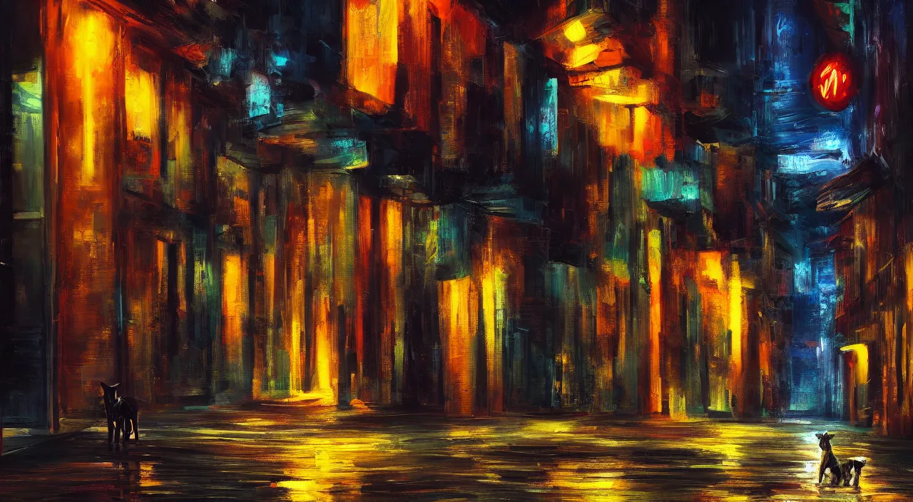 Prompt: stray dog sits alone in a dark alleyway at night with neon city lights glowing in the distance, 4 k, oil painting, lighting study