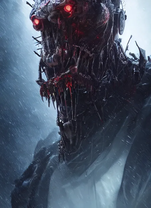 Image similar to A portrait of a horrific cyborg creature by Greg Rutkowski, Sung Choi, Mitchell Mohrhauser, Maciej Kuciara, Johnson Ting, Maxim Verehin, Peter Konig, Bloodborne , 8k photorealistic, cinematic lighting, HD, high details, dramatic, atmospheric , trending on artstation