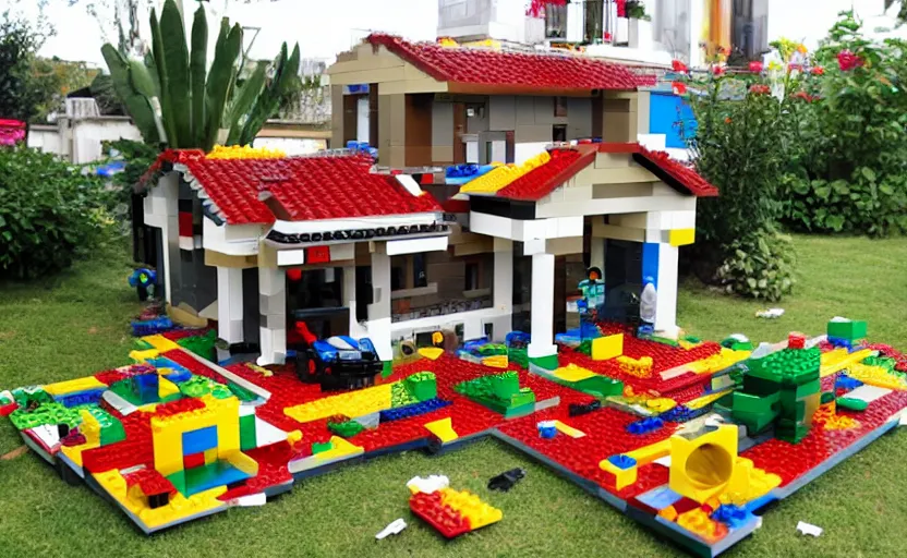 Image similar to a crashed villa made out of lego, pieces of lego laying on the lawn