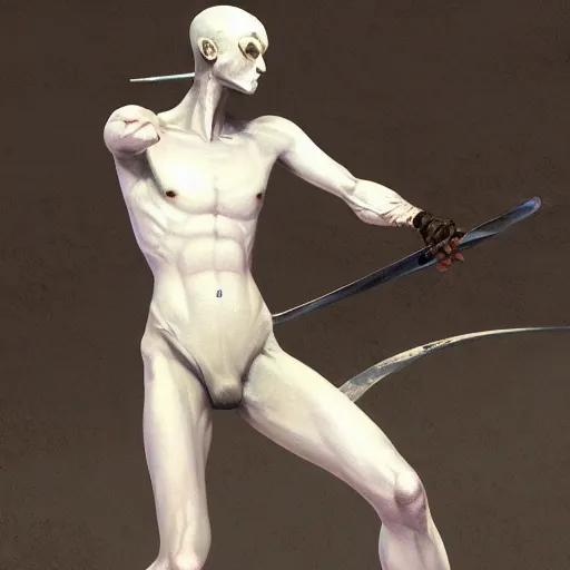 Prompt: fantasy painting of a pale man with a black blade, full body, clothed, painted by Bayard Wu, ultra detailed, 8k