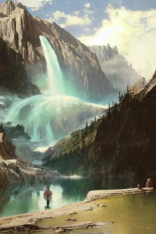 Image similar to a huge spacecraft hovers over lake in canadian rockies, waterfalls, cascades, beautiful day, by john berkey, albert bierstadt, ruan jia, lawrence alma tadema, zdzislaw beksinski, carl spitzweg, everett raymond kinstler, norman rockwell, jack kirby, tom lovell, greg staples