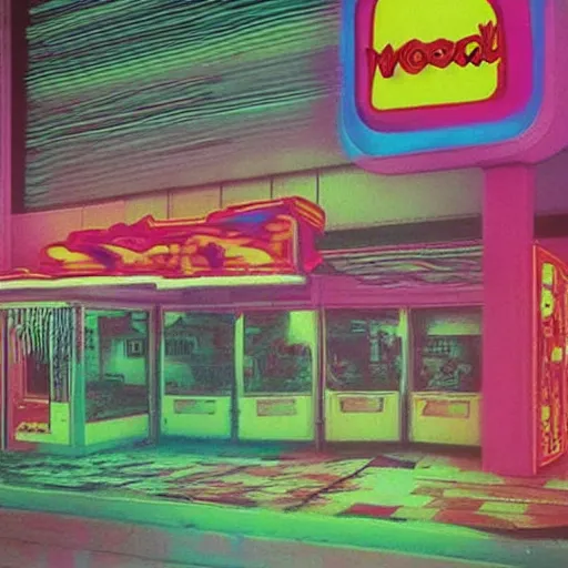 Image similar to acid trip in 7 0 s mcdonald's, vapor wave