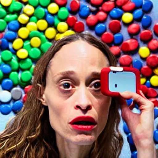 Prompt: fiona apple taking a selfie at the m & ms factory