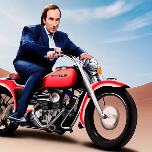 Prompt: A photo of Saul Goodman riding a motorcycle, highly detailed, 4k