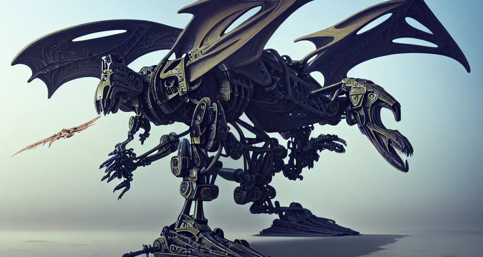 Image similar to flying pterodactyl in a cyborg mech suit with large wings, by alexandre ferra, zezhou chen, peter gric, mohamed reda and hr giger, hyper detailed line art, screen print, character concept art, realistic, coherent, octane render, zbrush central, behance hd, hypermaximalist