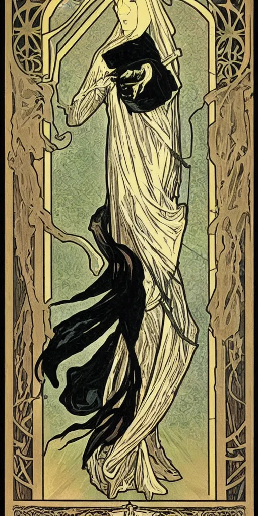 Image similar to an art deco illustration of the grim reaper on a tarot card with an elegant border by alphonse mucha