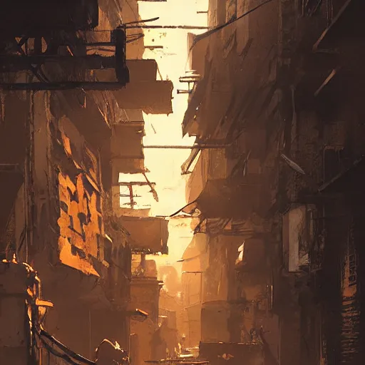 Image similar to a dirty alleyway at sunset, dramatic lighting, illustration by Greg rutkowski, yoji shinkawa, 4k, golden hour, digital art, concept art, trending on artstation