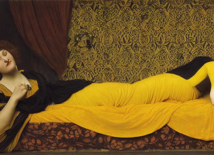 Prompt: portrait of lady reclining on bed, wearing yellow ochre ornate medieval dress, preraphaelite colour photography by frederic leighton, william morris, 8 k