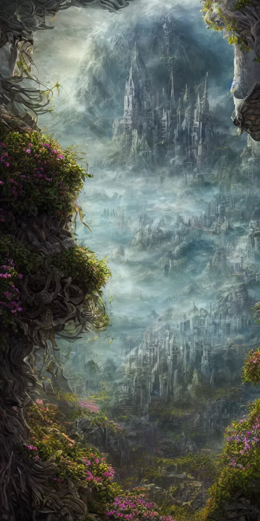 Image similar to enormously detailed hd photo of future flower wallpaper, high fantasy matte painting, atmospheric lighting, highly detailed illustration highlights, 8K detail post-processing, featured on DeviantArt