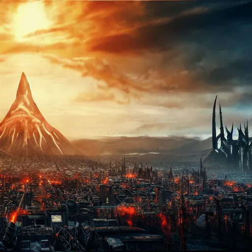 Image similar to mordor as a bustling city, extremely detailed, sharp focus, skyline, vast, gothic, lord of the rings, mount doom, 4 k, fantasy, concept art, gritty