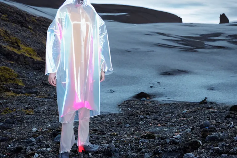 Image similar to an ultra high definition professional high fashion portrait studio full length photograph of a model wearing a transparent pearlescent raincoat and neon visor in an icelandic black rock environment at dawn. no artefacts. extremely detailed. stark. shallow depth of field. volumetric light and shadow. ray tracing. light ray.