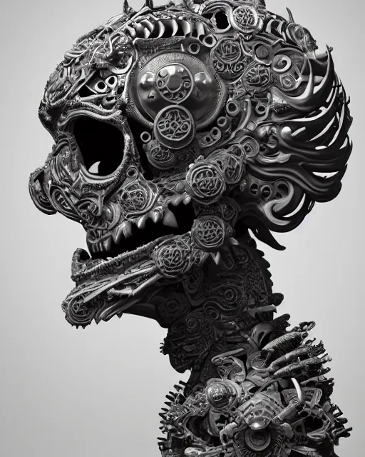 Image similar to 3 d ornate carved robot with tattoos profile portrait, sigma 5 0 0 mm f / 5. beautiful intricate highly detailed quetzalcoatl skull. bioluminescent, plasma, lava, ice, water, wind, creature, thunderstorm! artwork by tooth wu and wlop and beeple and greg rutkowski, 8 k trending on artstation