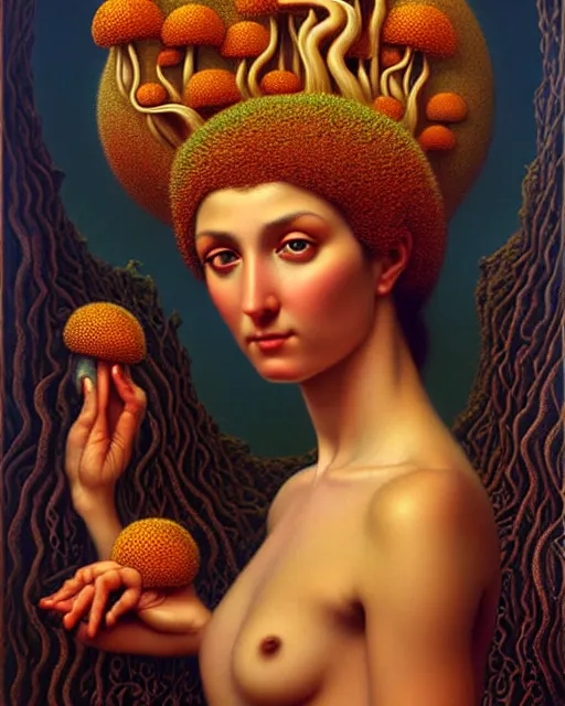 Image similar to portrait of the goddess of fungi, unusual beauty, emotionally evoking symbolic metaphors, head in focus, fantasy, ornamental, intricate, elegant, sensual, highly detailed digital painting, artstation, concept art, painterly, golden ratio, sharp focus, illustration, art by John William Godward and Boris Vallejo and Zdzisław Beksiński,