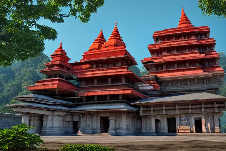 Image similar to beautiful kamakhya temple, Guwahati, Hindu archiitecture, Vue 3d render, v-ray, unreal engine, HDR cinematic lighting, wide angle shot, 8K textures, high resolution, a lot of details