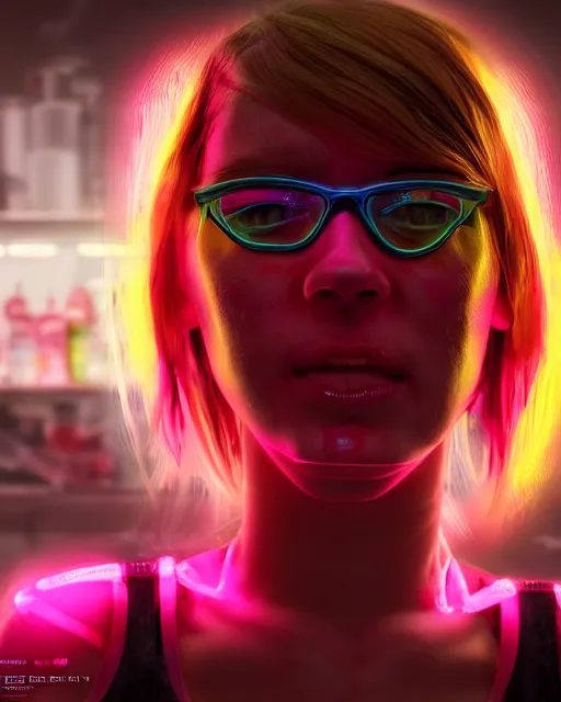 Image similar to portrait of a neon raver girl in a butchery, confused expression, cgsociety, detailed, unreal engine, textured, cinematic, character design