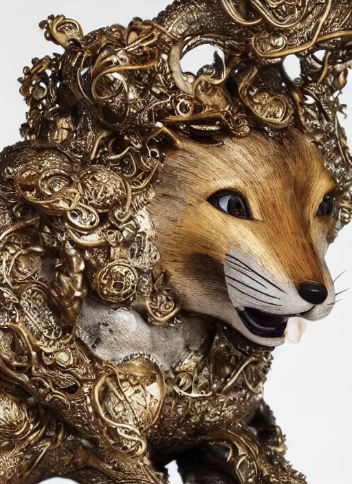 Image similar to sculpture of rat on top of a fox made of wood, portrait, female, future, wood, tree, harper's bazaar, vogue, magazine, insanely detailed and intricate, concept art, close up, ornate, luxury, elite, elegant, trending on artstation, by ruan jia, by Kenneth Willardt, by ross tran, by WLOP, by Andrei Riabovitchev,