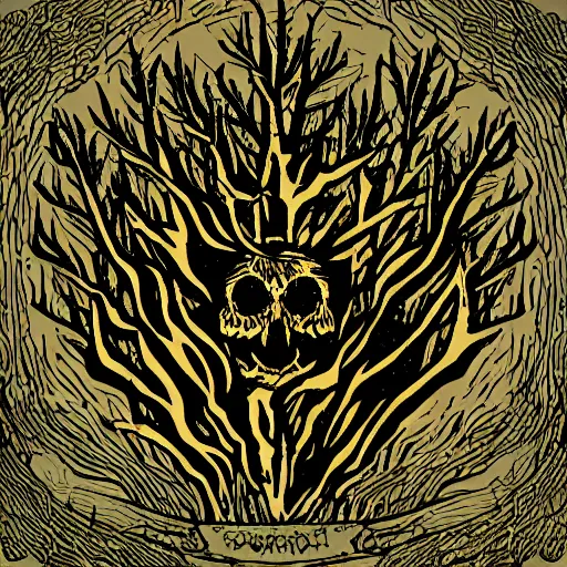 Image similar to dark death metal themed vector illustration for a record label, trees. forest, spikes, skull, microphone, skull, award winning, grunge, iconic, golden ratio