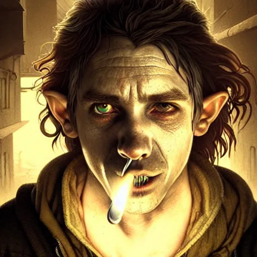 Image similar to Drug addict hobbit with crazy eyes smoking in a dark alley, ultra realistic, concept art, intricate details, dark, highly detailed, photorealistic, octane render, 8k, unreal engine, art by artgerm and greg rutkowski and alphonse mucha