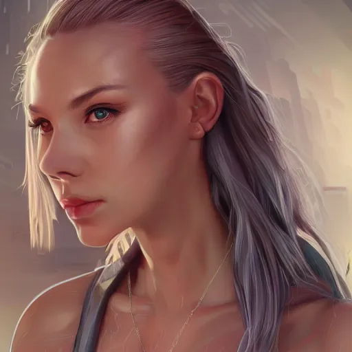 Image similar to portrait of chloe from detroit by artgerm, close up, portrait, cinematic, elegant, artstation, intricate, highly detailed, digital painting, artstation, concept art, sharp focus, illustration, cyberpunk, cgsociety, 8 k