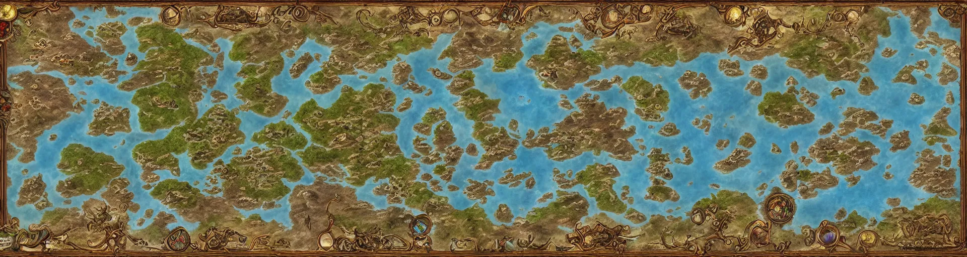 Image similar to fantasy world atlas in the style of an mmorpg world map, extremely detailed, fantasy, no text, 4 k