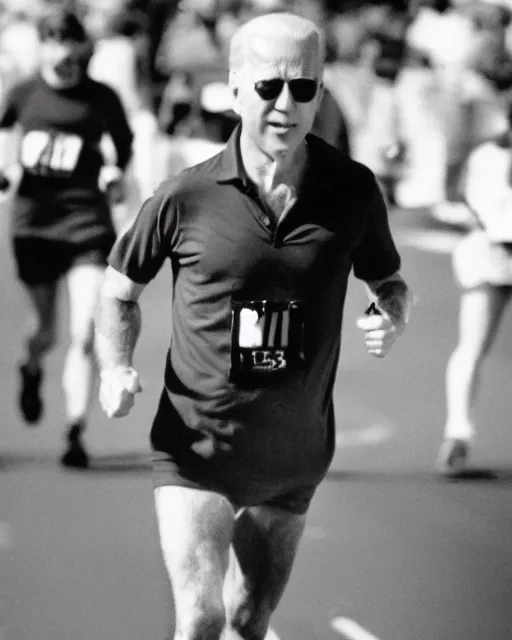 Image similar to film still close - up shot of joe biden running a marathon. photographic, photography