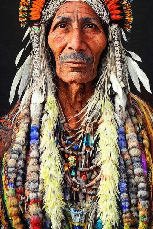 Image similar to Portrait Paintings of a South American Shaman in the style of Luis Tamani, amazing detail, photorealistic, lots of wow,