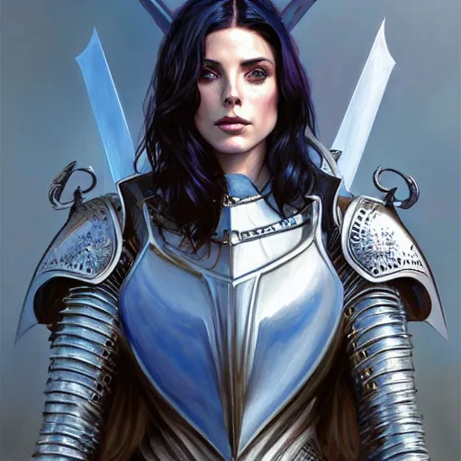 Prompt: Ashley Greene with dark blue hair as Joan of Arc wearing metal armor, western, D&D, fantasy, intricate, elegant, highly detailed, digital painting, artstation, concept art, matte, sharp focus, illustration, art by Artgerm and Greg Rutkowski and Alphonse Mucha