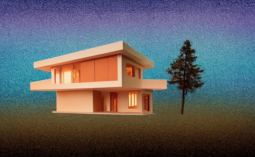 Image similar to one single stand alone huge hyperdetailed minimalist home, seen from the long distance, at night. in a wood made of paper and plastics. maximalist unexpected elements. free sky in plain natural warm tones. 8 x 1 6 k hd mixed media 3 d collage in the style of a childrenbook illustration in pastel tones. matte matte background. no frame hd