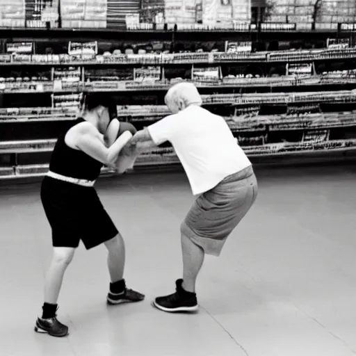 Image similar to senior citizens boxing in Walmart, 35mm film