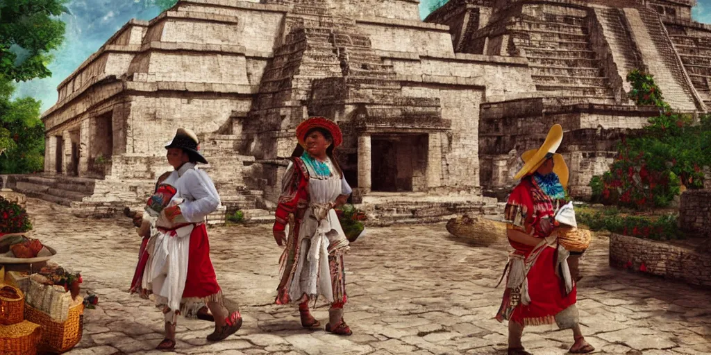 Prompt: mexico in the 1 7 0 0 s filled with ancient palenque mayan architecture, mayan woman walking the streets, indians in traditional wear haggling with the street vendors, surreal, beautiful, hyper realistic, trending on artstation, 8 k, hd