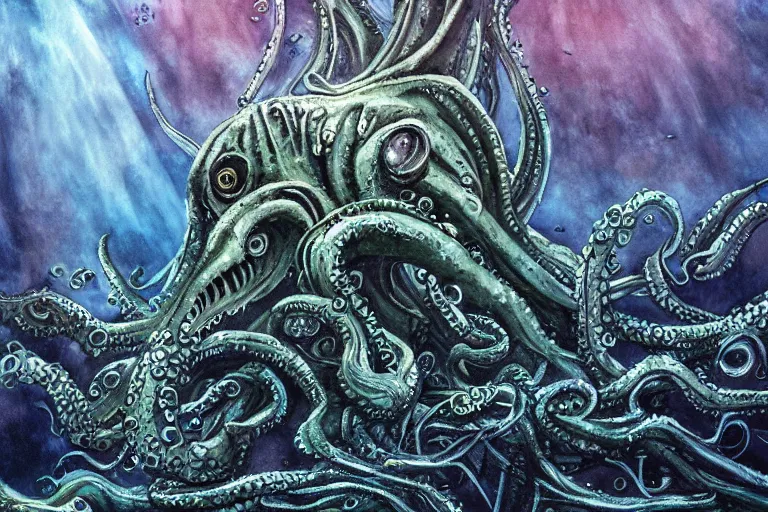 Image similar to old god eldritch horror terrifying the deep abyss of the ocean floor, epic scene, underwater photography, hyper - detailed, gigantic cthulhu, swarm of tentacles, dark art, watercolor paint, epic composition