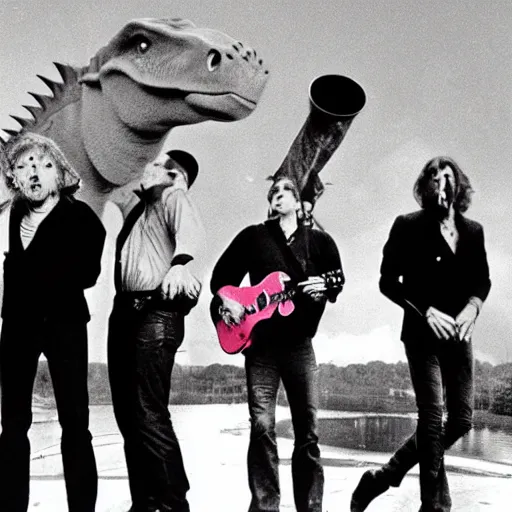 Image similar to pink Floyd sing in Atlanta riding dinosaurs