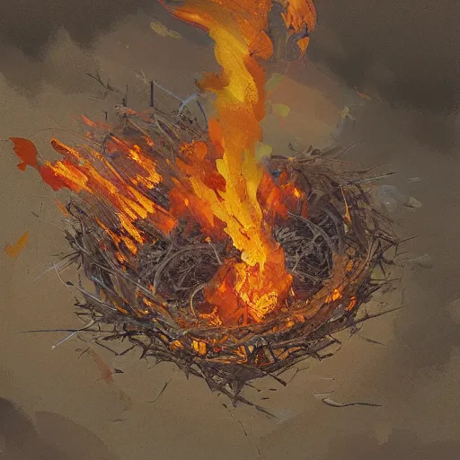 Image similar to oil paint of bird's nest of flames, isometric view, isometric map, by craig mullins by jakub rozalski