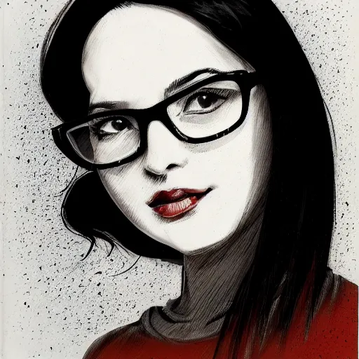 Prompt: a portrait of my wife who has black hair, and wears glasses in noir style